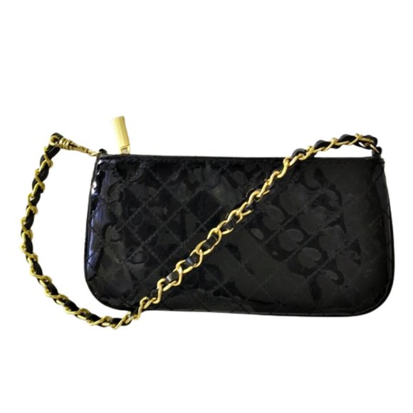 Mini Black Patent Leather Quilted Chain Strap Wristlet - Picture 5 of 7